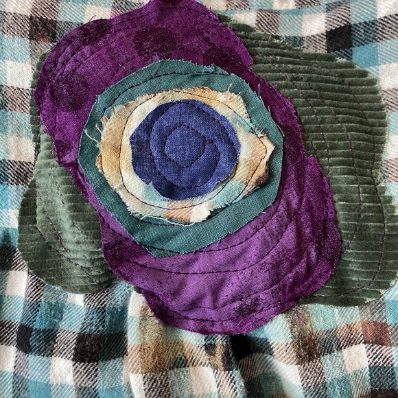 Franklin Flannel Upcycled Tunic Blouse Womens XL Plaid Patchwork Applique Boho - Picture 4 of 7